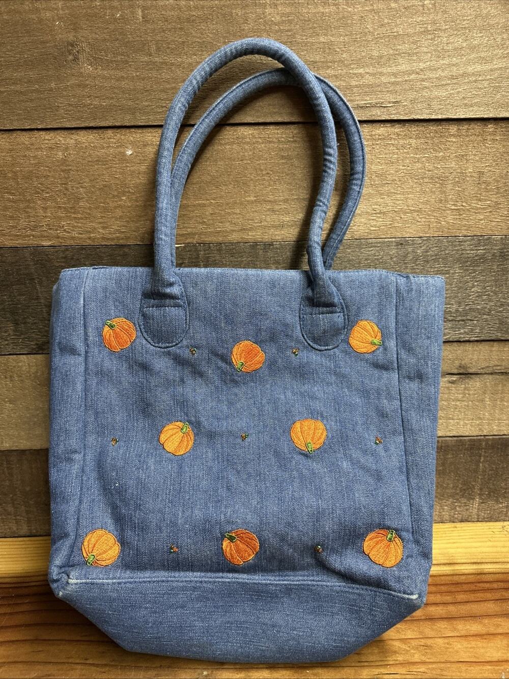 Vintage Quacker Factory denim blue shoulder bag embroidered pumpkins Fall